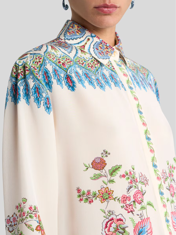 LONG SILK SHIRT WITH PLACED FLORAL PRINT