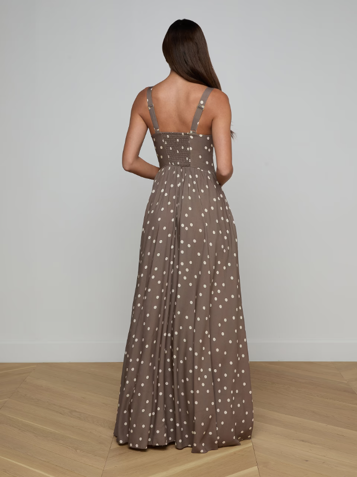 ROSETTE MAXI DRESS IN CARDAMOM AND ECRU POLKA DOT