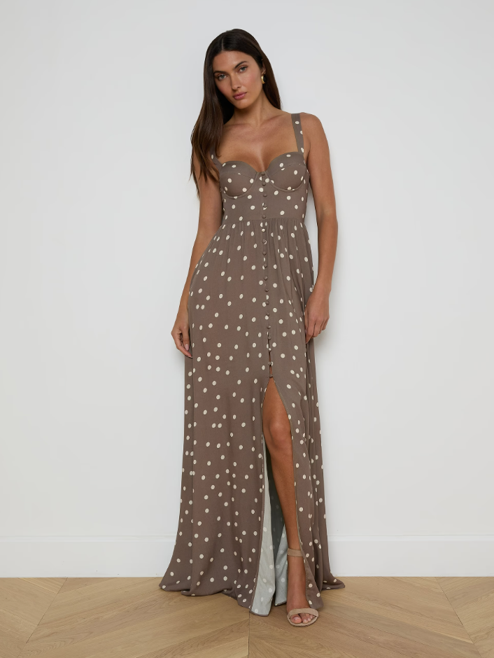 ROSETTE MAXI DRESS IN CARDAMOM AND ECRU POLKA DOT