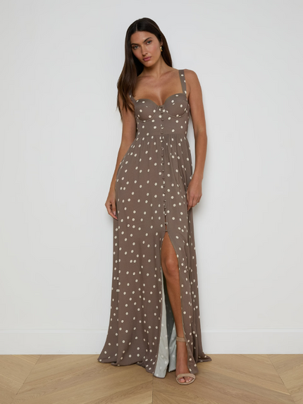 ROSETTE MAXI DRESS IN CARDAMOM AND ECRU POLKA DOT