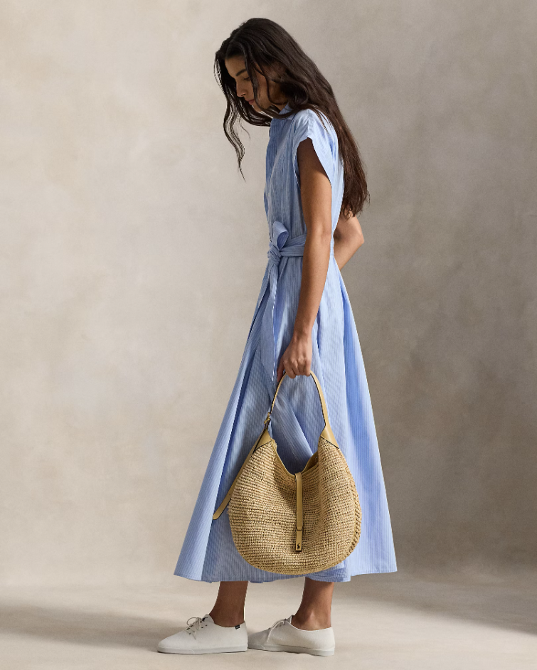 STRIPED BELTED COTTON SHIRTDRESS