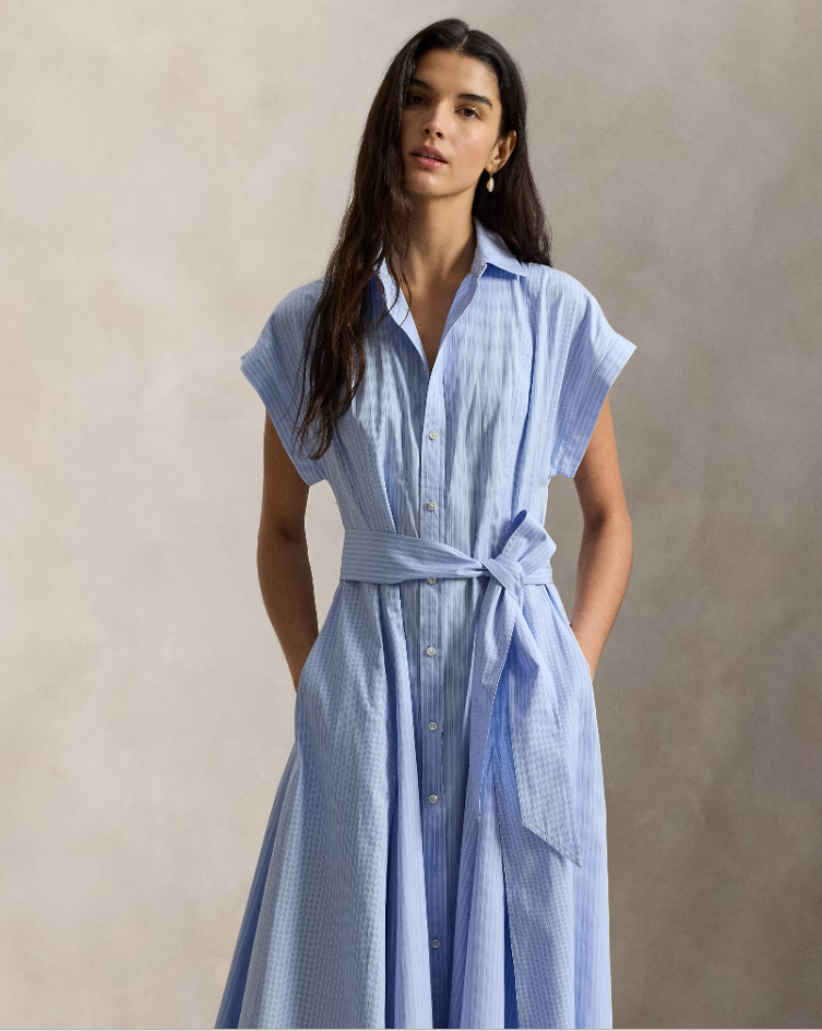 STRIPED BELTED COTTON SHIRTDRESS
