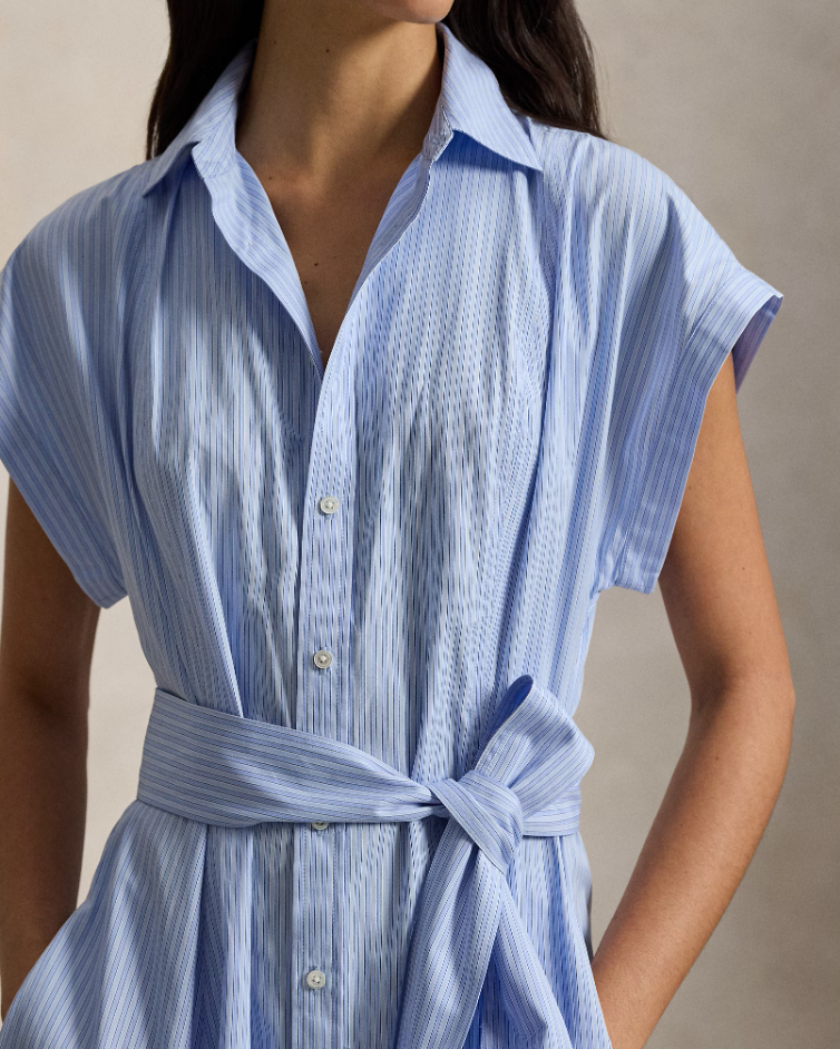 STRIPED BELTED COTTON SHIRTDRESS