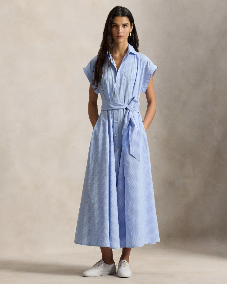 STRIPED BELTED COTTON SHIRTDRESS