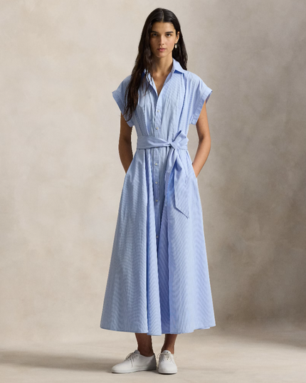 STRIPED BELTED COTTON SHIRTDRESS