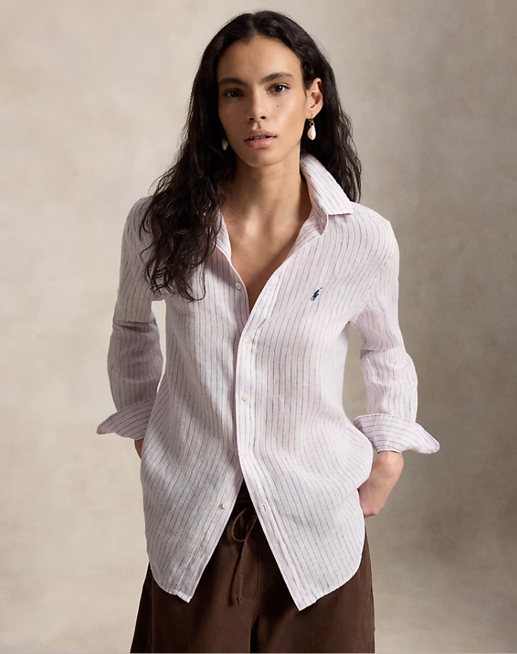 CLASSIC FIT STRIPED LINEN SHIRT IN PINK AND WHITE