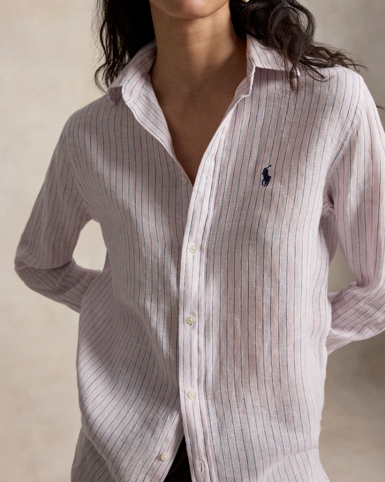 CLASSIC FIT STRIPED LINEN SHIRT IN PINK AND WHITE