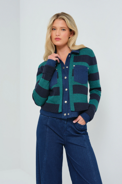 SIENNA SWEATER KNIT AND PERFORMANCE DENIM TRUCKER JACKET