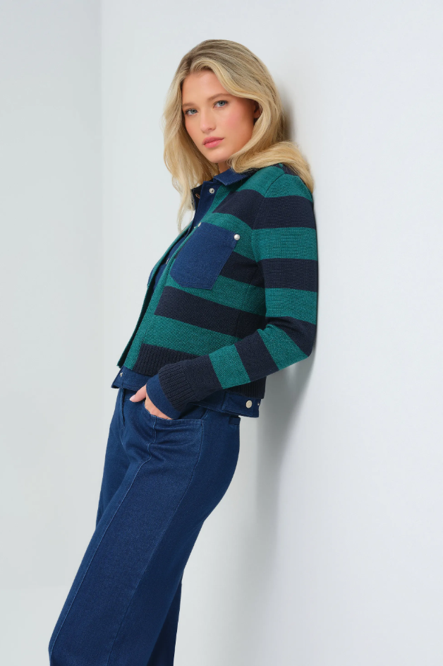 SIENNA SWEATER KNIT AND PERFORMANCE DENIM TRUCKER JACKET