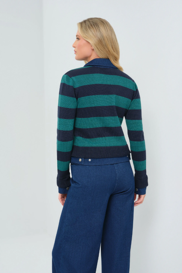 SIENNA SWEATER KNIT AND PERFORMANCE DENIM TRUCKER JACKET