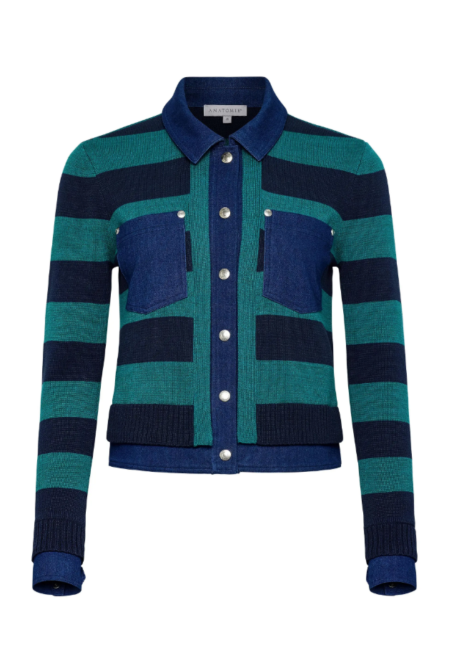 SIENNA SWEATER KNIT AND PERFORMANCE DENIM TRUCKER JACKET