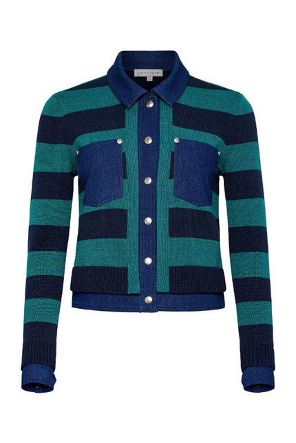 SIENNA SWEATER KNIT AND PERFORMANCE DENIM TRUCKER JACKET