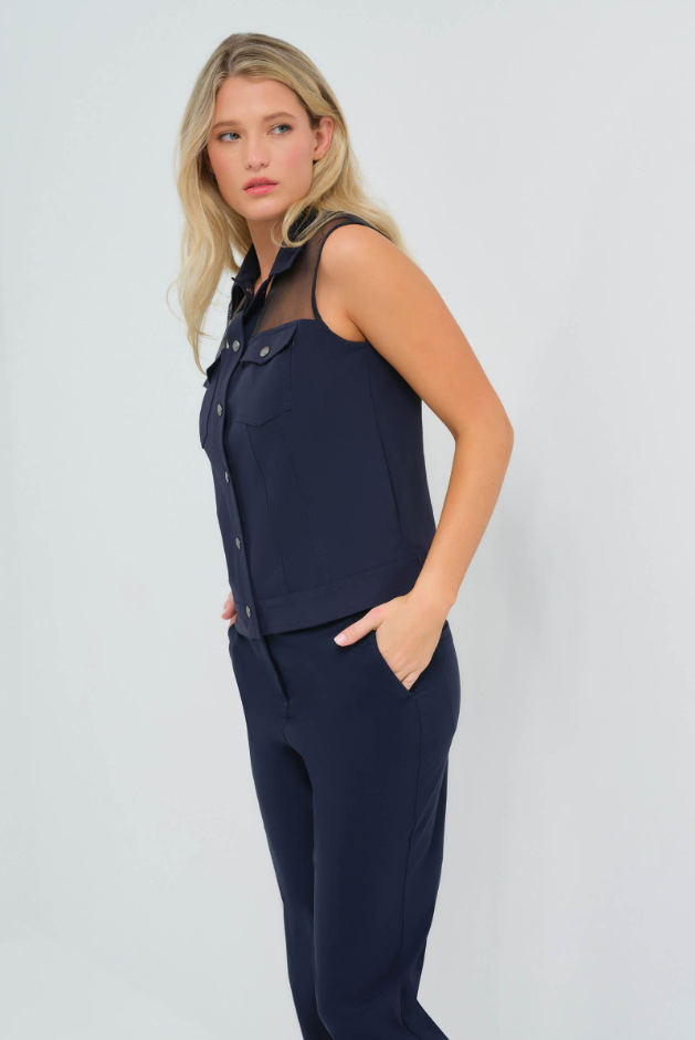 LENOX ORGANZA AND PERFORMANCE TWILL SLEEVELESS TRUCKER VEST