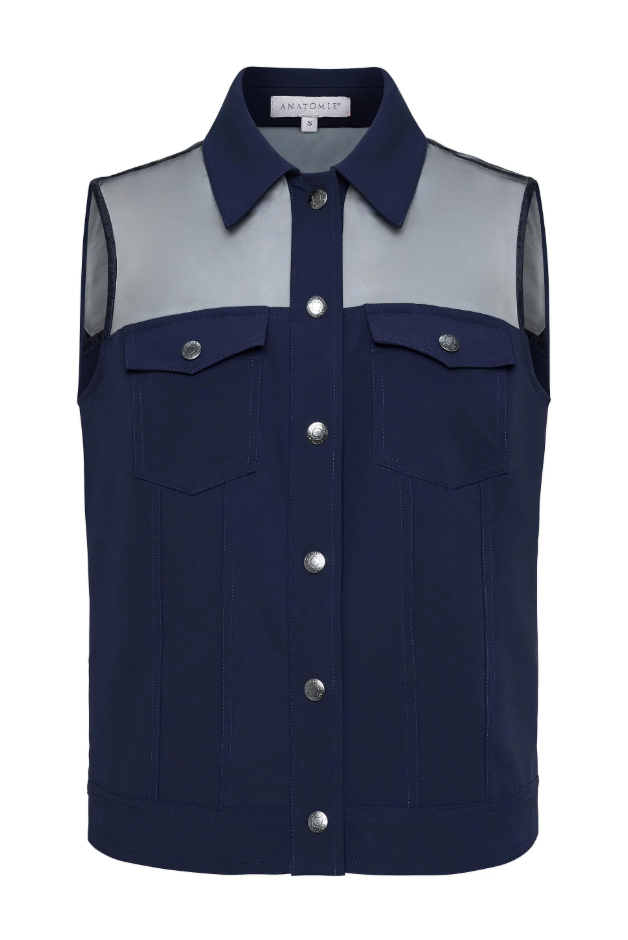 LENOX ORGANZA AND PERFORMANCE TWILL SLEEVELESS TRUCKER VEST