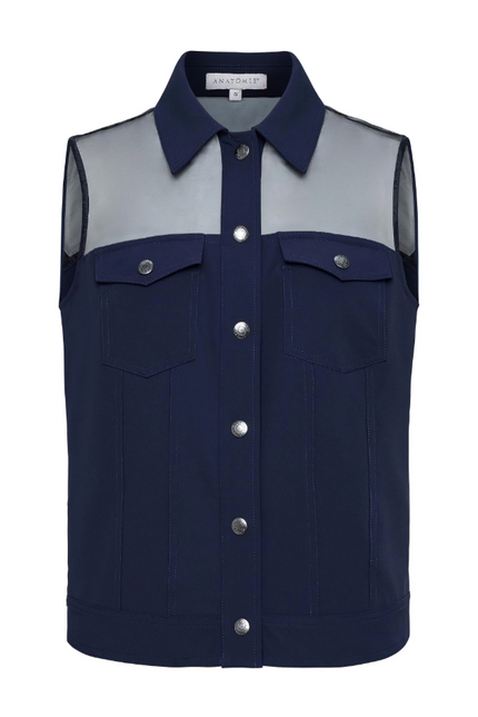 LENOX ORGANZA AND PERFORMANCE TWILL SLEEVELESS TRUCKER VEST