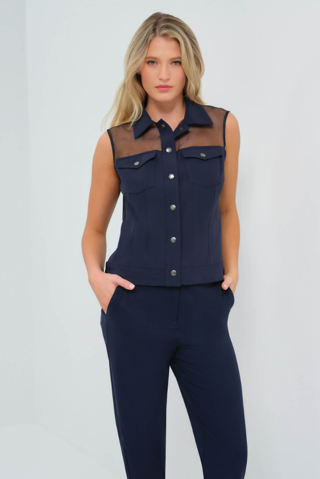 LENOX ORGANZA AND PERFORMANCE TWILL SLEEVELESS TRUCKER VEST