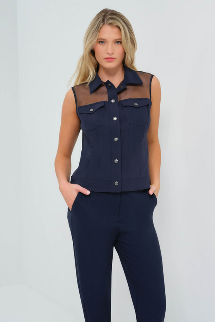 LENOX ORGANZA AND PERFORMANCE TWILL SLEEVELESS TRUCKER VEST