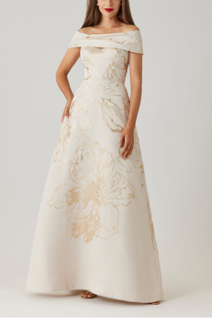 JACQUARD METALLIC PATTERN CUFF BODICE GOWN