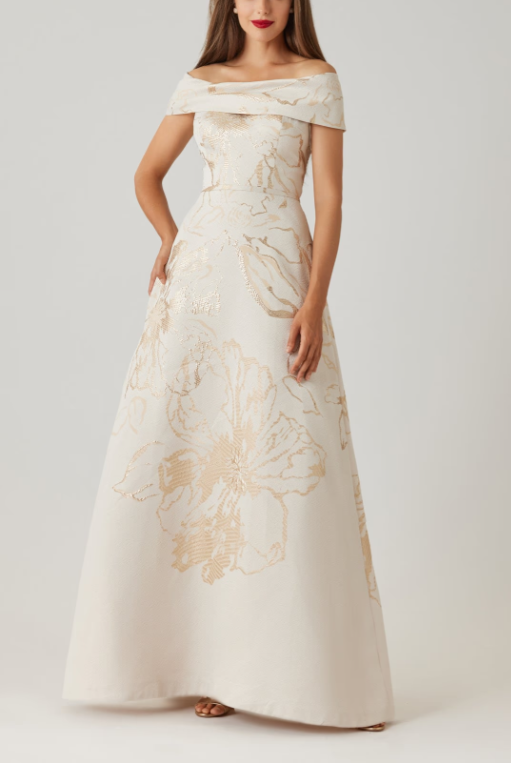 JACQUARD METALLIC PATTERN CUFF BODICE GOWN