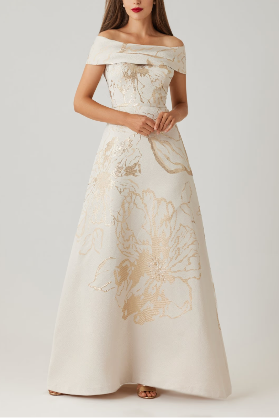 JACQUARD METALLIC PATTERN CUFF BODICE GOWN