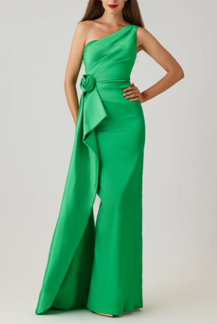 TAFFETA ONE SHOULDER FLOWER CORSAGE WAIST GOWN