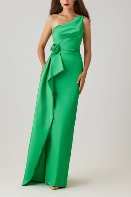 TAFFETA ONE SHOULDER FLOWER CORSAGE WAIST GOWN