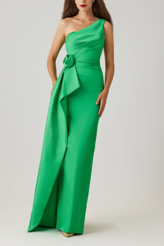 TAFFETA ONE SHOULDER FLOWER CORSAGE WAIST GOWN