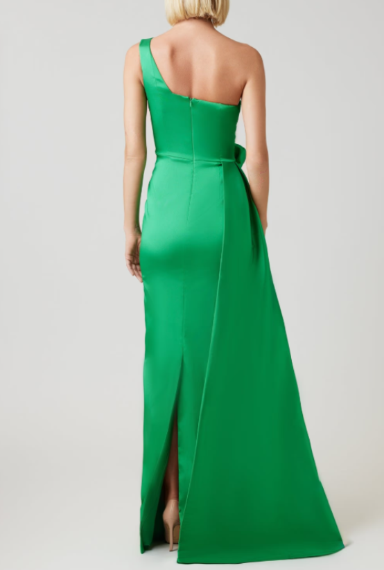 TAFFETA ONE SHOULDER FLOWER CORSAGE WAIST GOWN