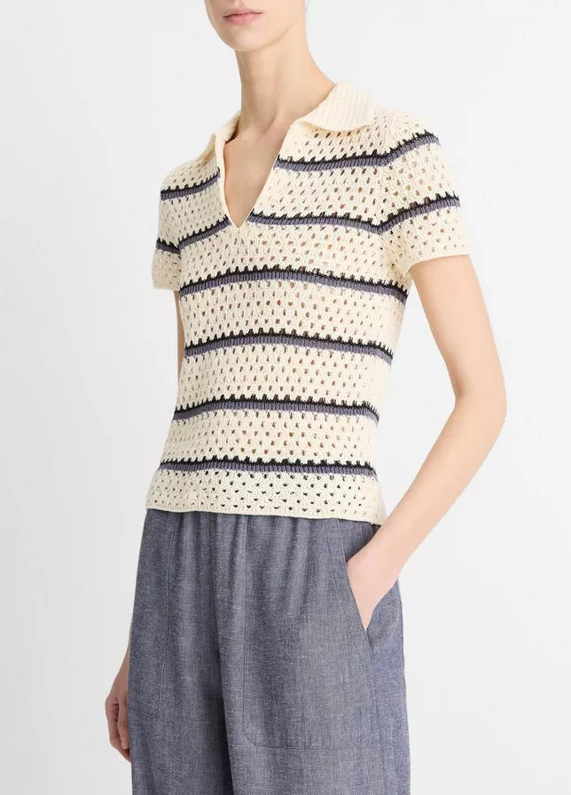 STRIPED MACRAME COTTON POLO SWEATER