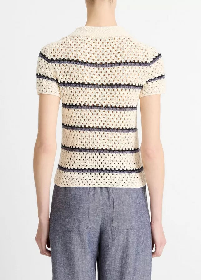 STRIPED MACRAME COTTON POLO SWEATER