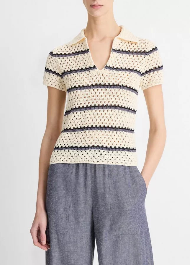 STRIPED MACRAME COTTON POLO SWEATER