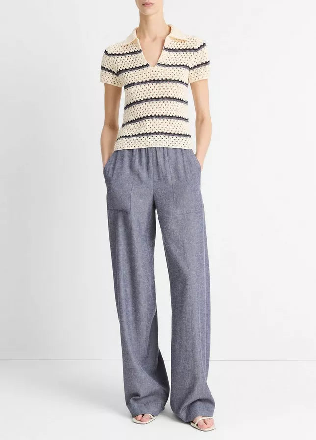 STRIPED MACRAME COTTON POLO SWEATER