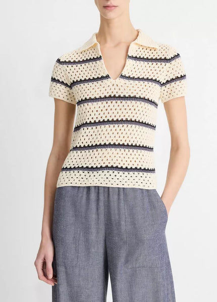 STRIPED MACRAME COTTON POLO SWEATER