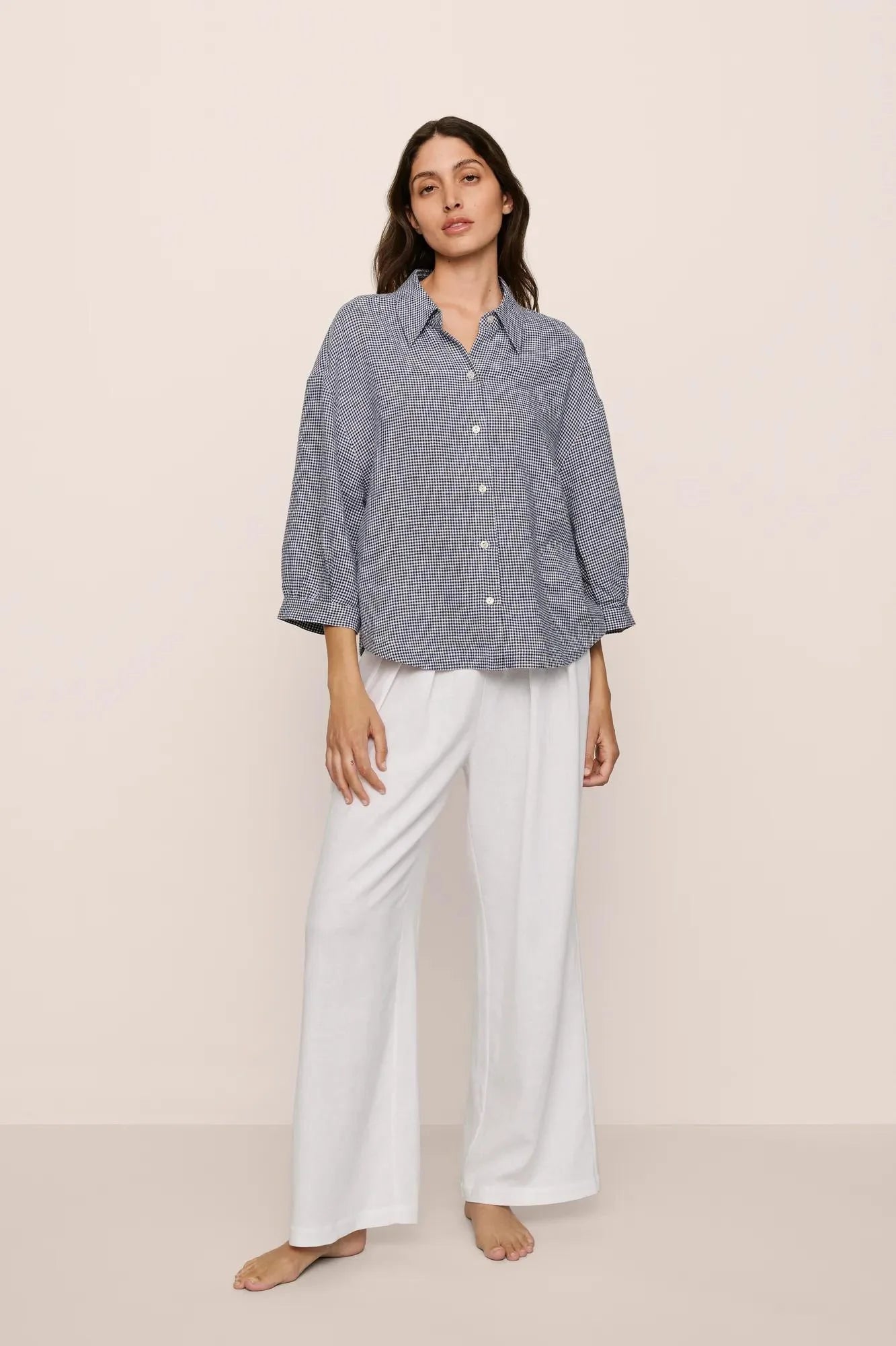LINEN BLEND RELAXED QUARTER SLEEVE TOP