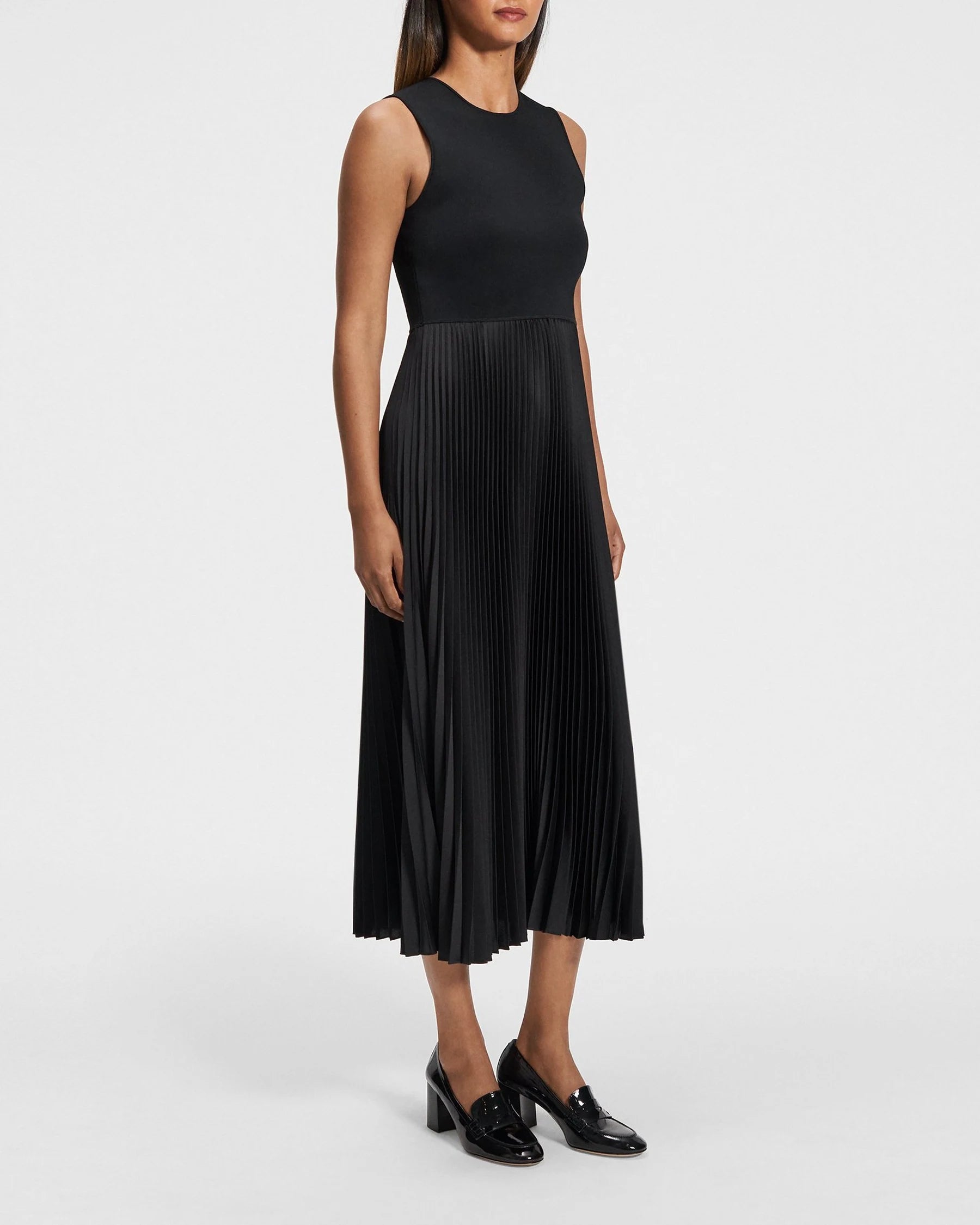 PLEATED COMBO DRESS IN TEXTURED SATIN