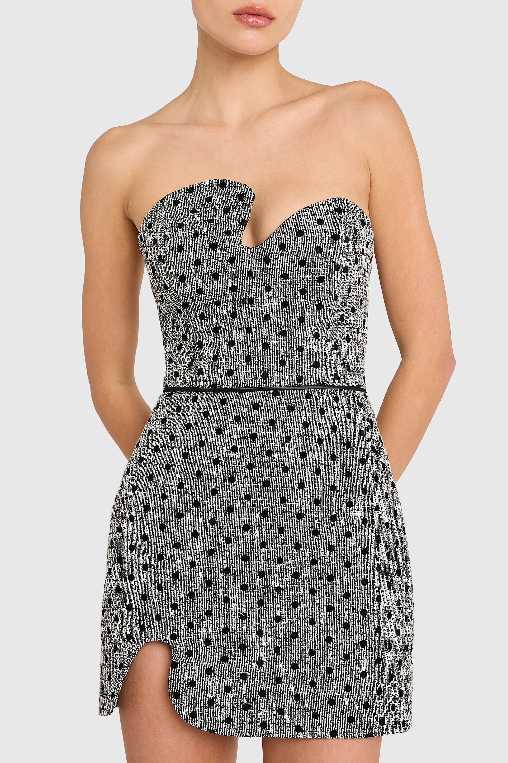 PUZZLE STRAPLESS MINI DRESS IN POLKA DOT TWEED