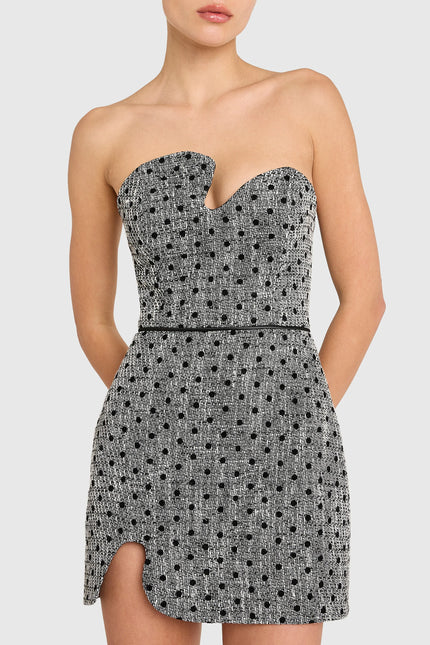 PUZZLE STRAPLESS MINI DRESS IN POLKA DOT TWEED