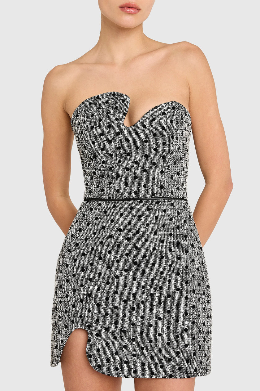 PUZZLE STRAPLESS MINI DRESS IN POLKA DOT TWEED