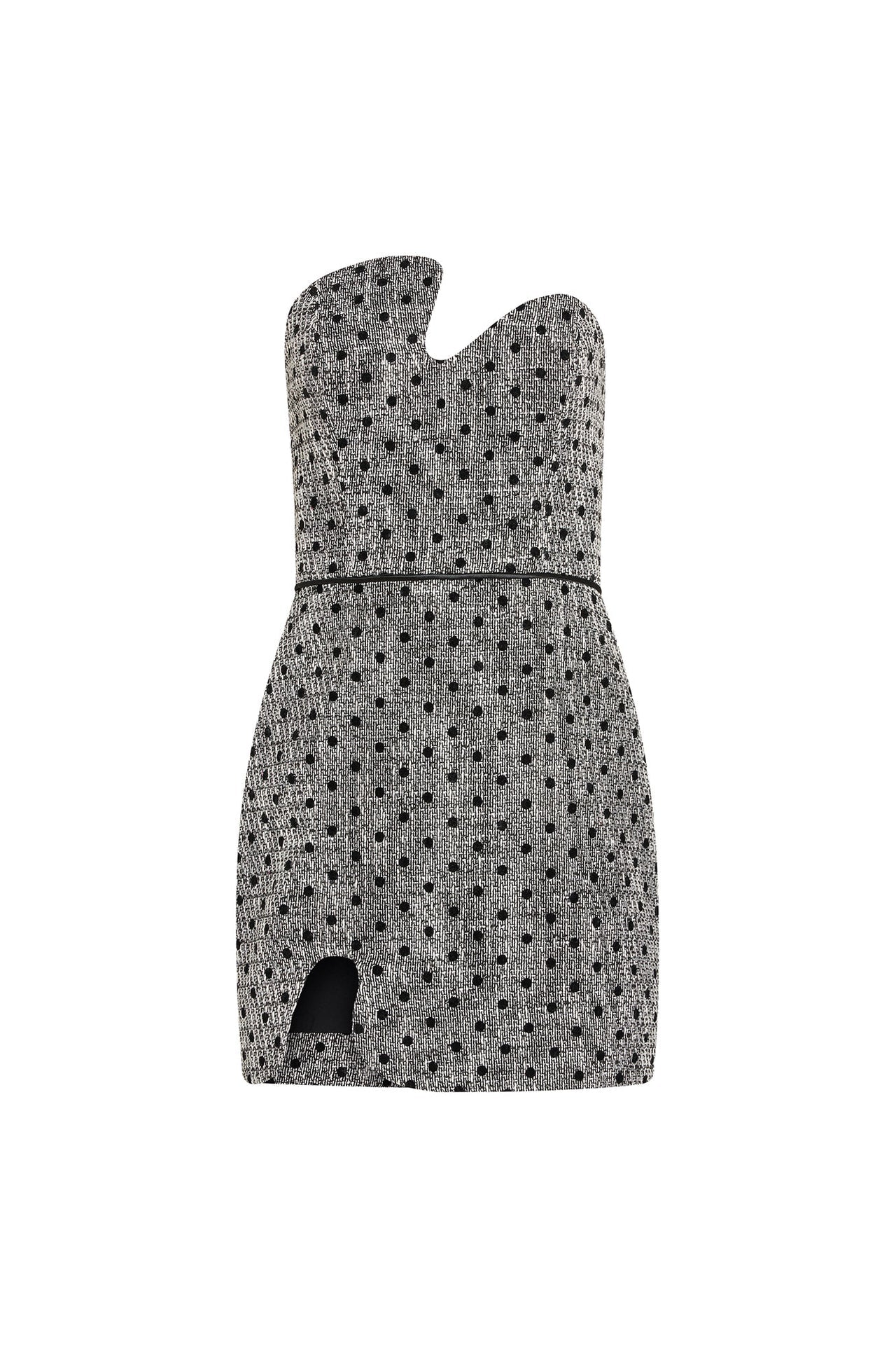 PUZZLE STRAPLESS MINI DRESS IN POLKA DOT TWEED