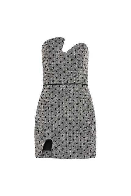 PUZZLE STRAPLESS MINI DRESS IN POLKA DOT TWEED