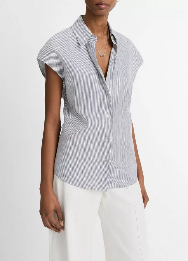TICKING STRIPE LINEN COTTON CAP SLEEVE BLOUSE