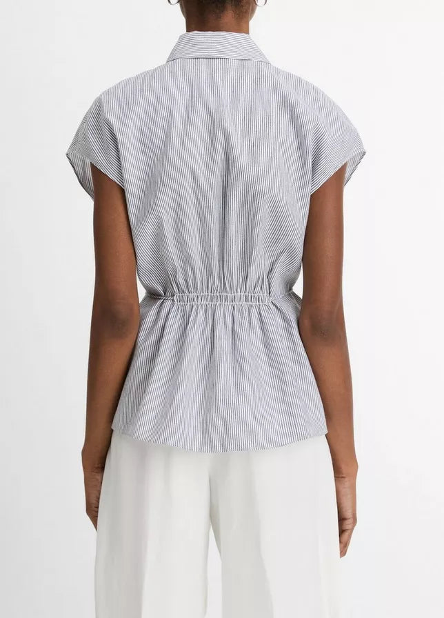 TICKING STRIPE LINEN COTTON CAP SLEEVE BLOUSE