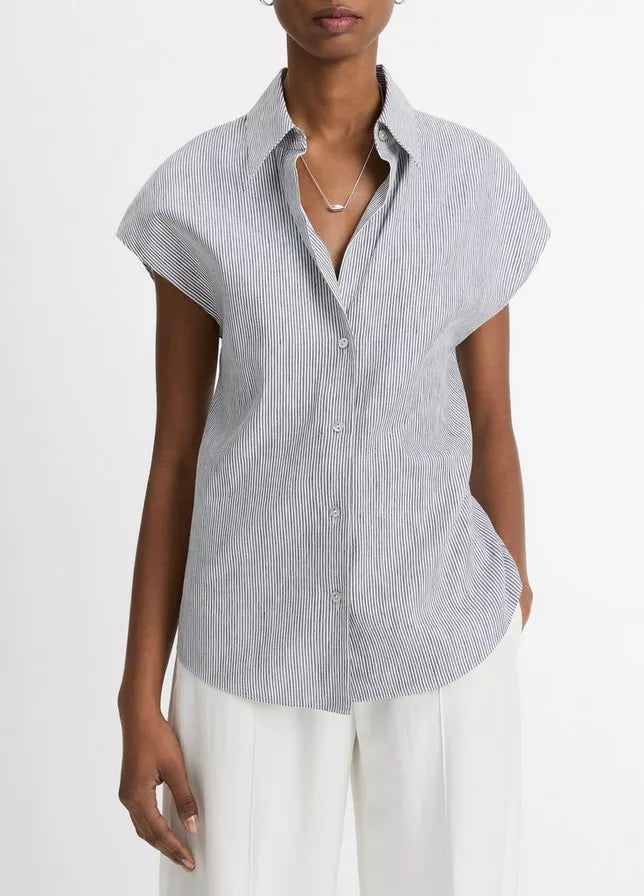 TICKING STRIPE LINEN COTTON CAP SLEEVE BLOUSE