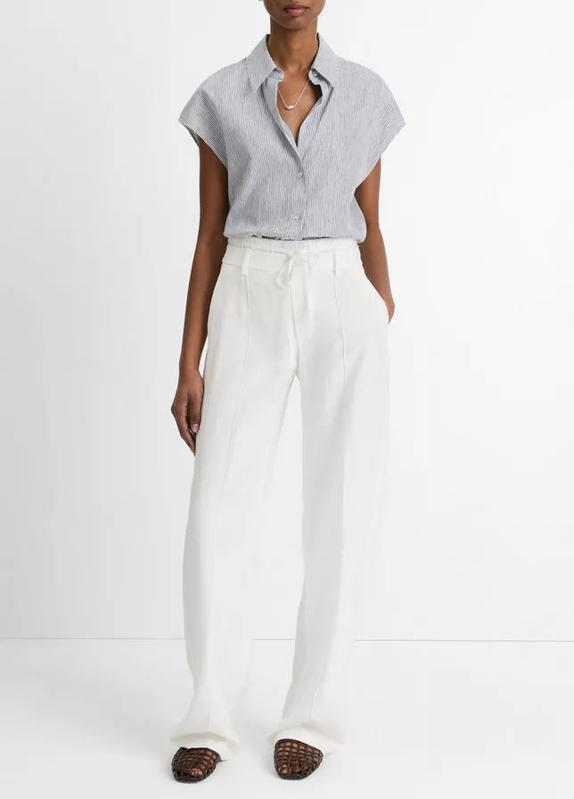 TICKING STRIPE LINEN COTTON CAP SLEEVE BLOUSE