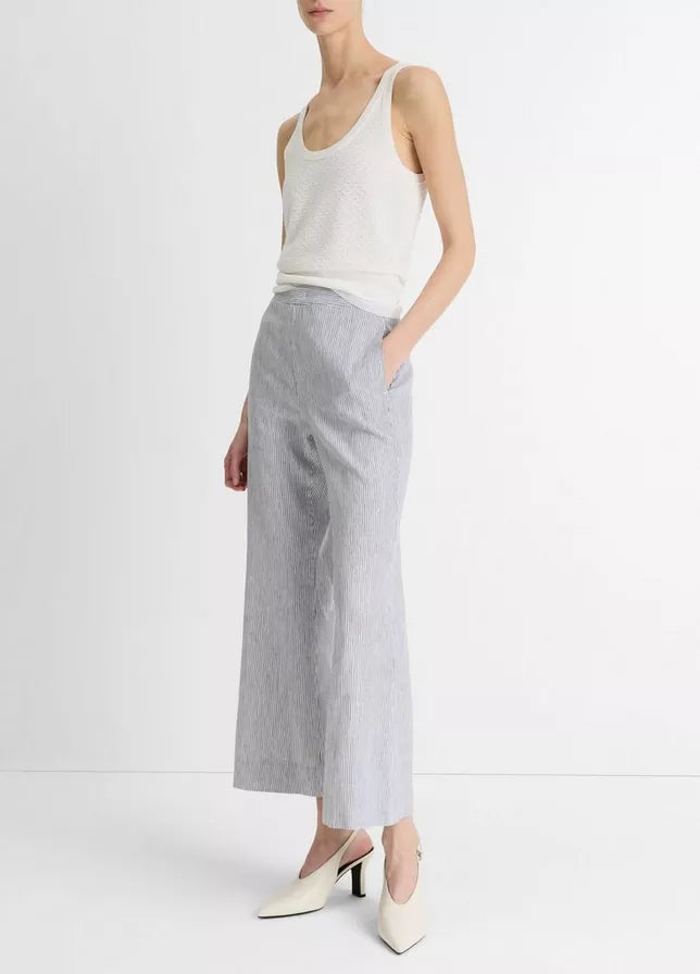 TICKING STRIPE LINEN COTTON LOW RISE CROP FLARE TROUSER