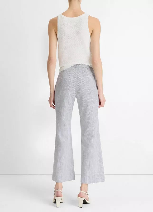 TICKING STRIPE LINEN COTTON LOW RISE CROP FLARE TROUSER