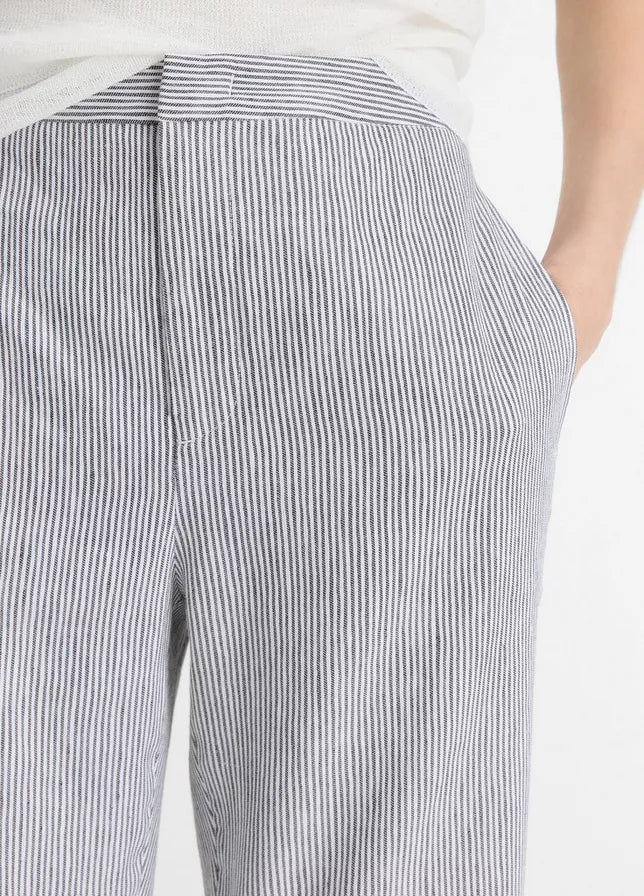 TICKING STRIPE LINEN COTTON LOW RISE CROP FLARE TROUSER