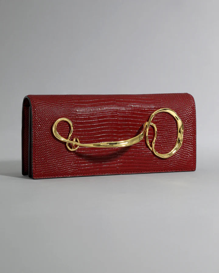 TWISTED GOLD SIDE HANDLE CLUTCH PURSE BURNT CHERRY