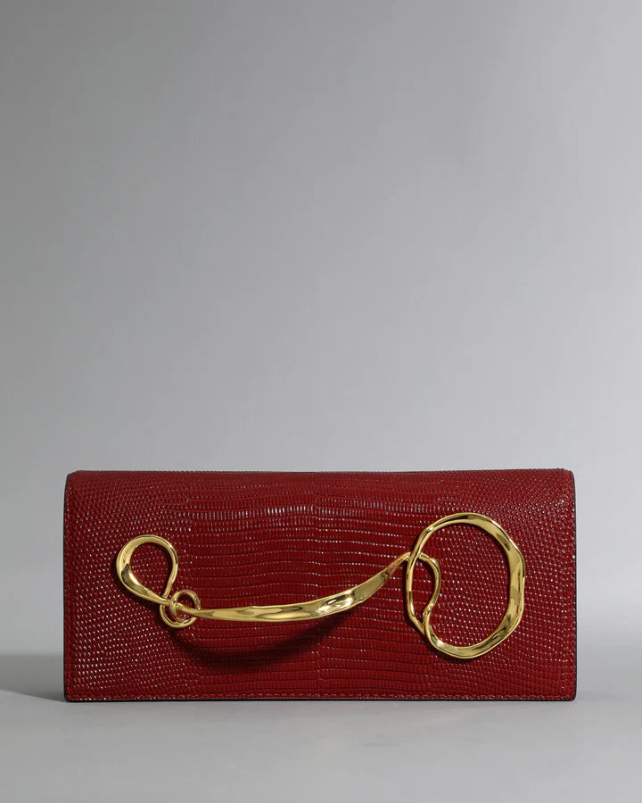 TWISTED GOLD SIDE HANDLE CLUTCH PURSE BURNT CHERRY