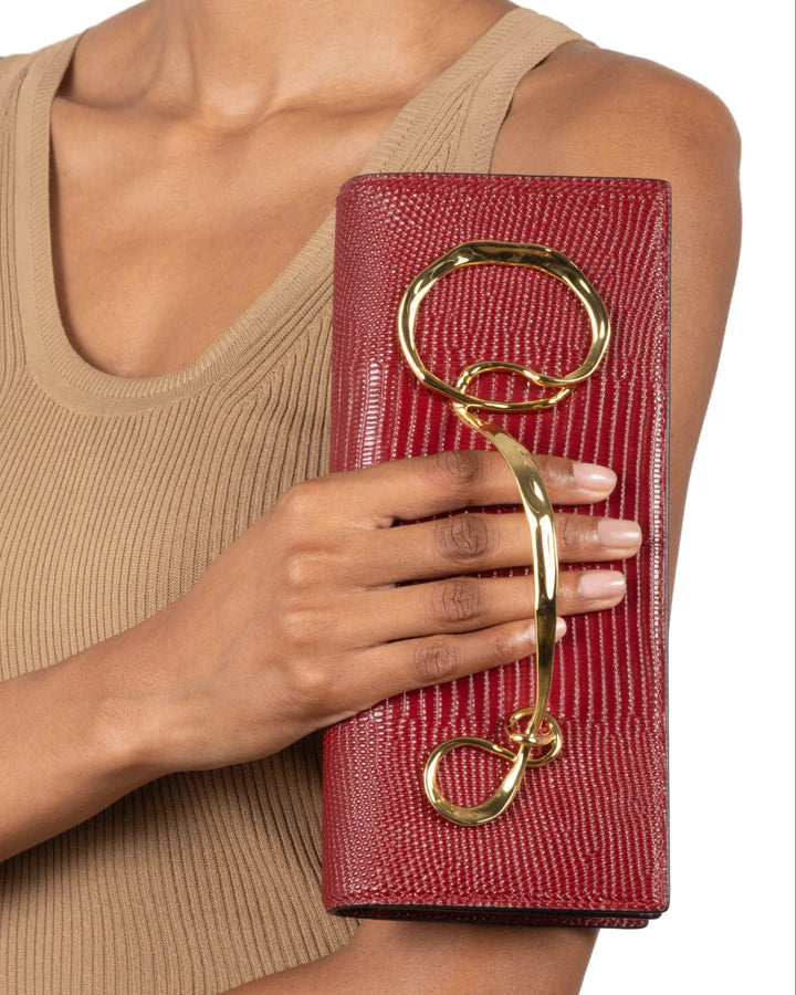 TWISTED GOLD SIDE HANDLE CLUTCH PURSE BURNT CHERRY